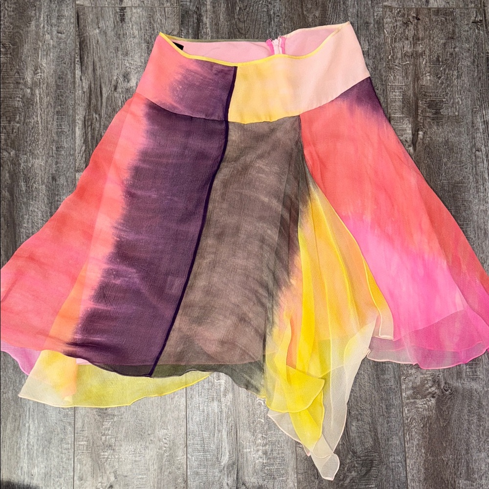 BCBGMaxAzria Asymmetrical SILK Skirt in Pink, Purple, and Yellow